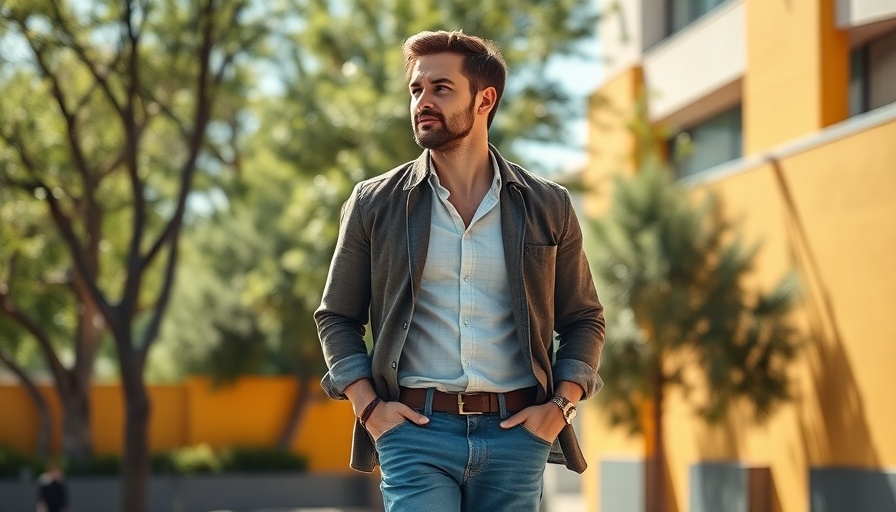 Man strolling confidently in sunny urban environment, embracing calmness.