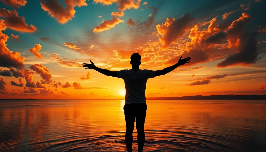 Silhouette at sunset over water, reflecting personal growth.
