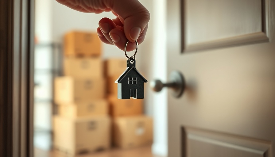 Hand holding key with house keychain in first apartment setting.