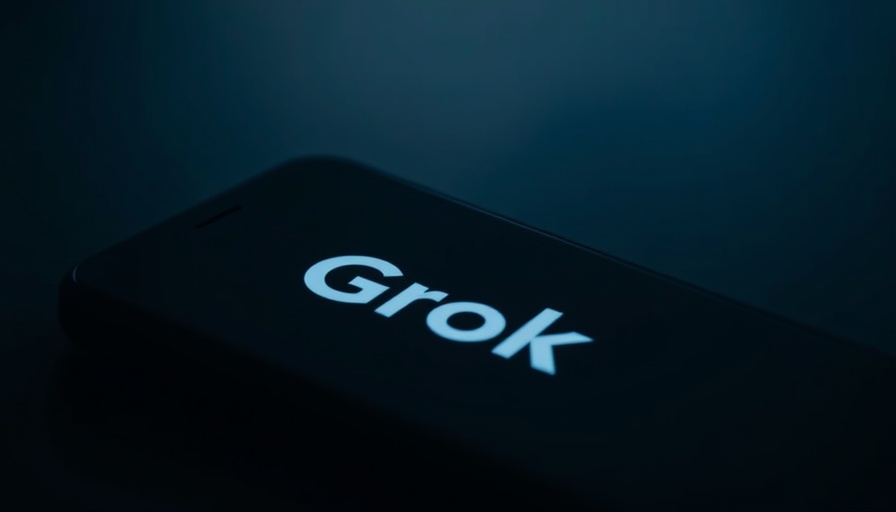 Close-up smartphone screen with Grok logo, dark background.