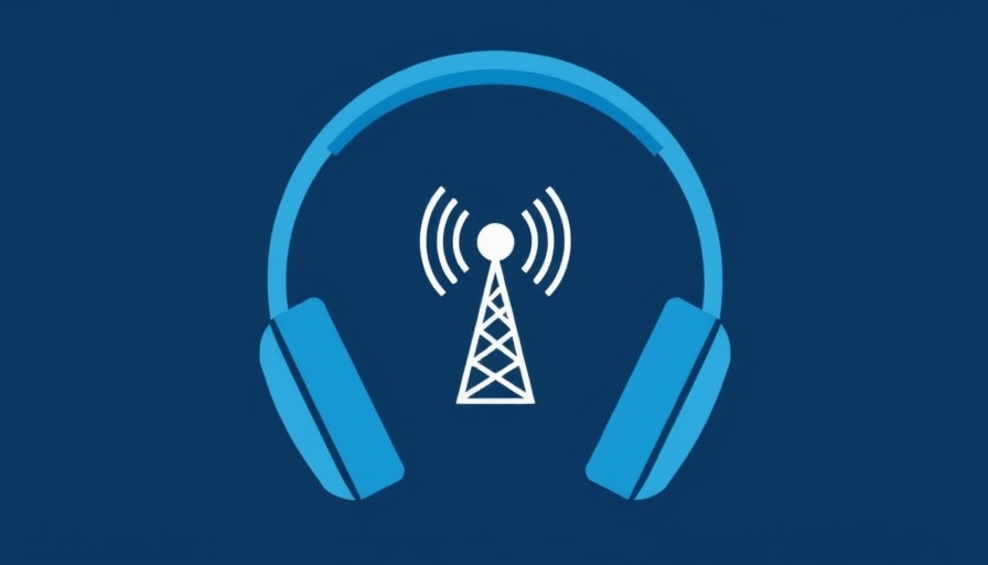Graphic of blue headphones and radio tower on dark blue