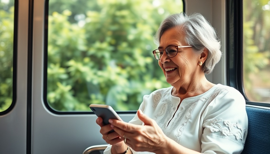 Older woman using travel apps on train for solo travelers.