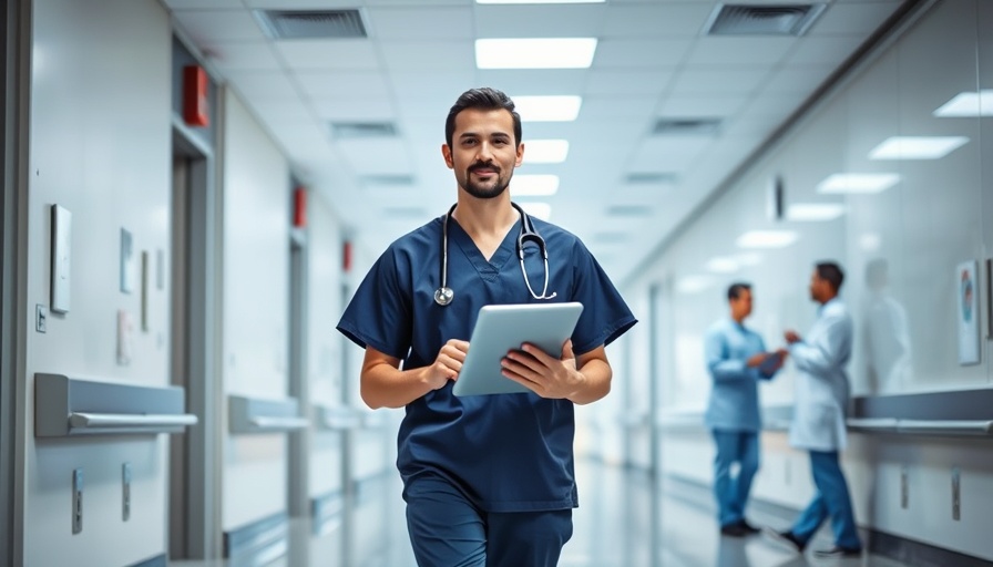 Healthcare professional in hospital corridor holding tablet, related to Australia national HIE roadmap.