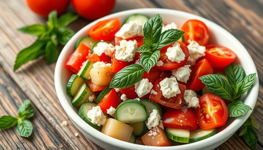 Fresh tomato cucumber salad with mint and feta in a white bowl.
