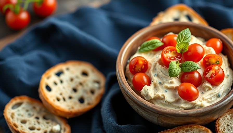 Colorful whipped feta bruschetta dip with tomatoes and basil.