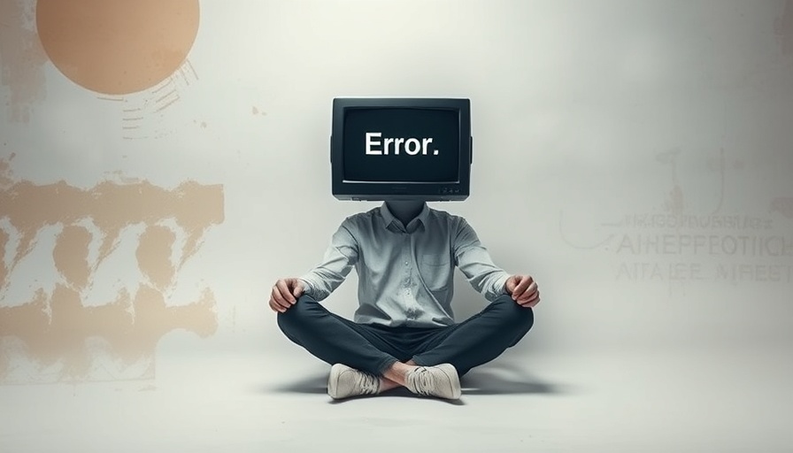 Surreal monitor-headed person symbolizing AI overreliance issues.