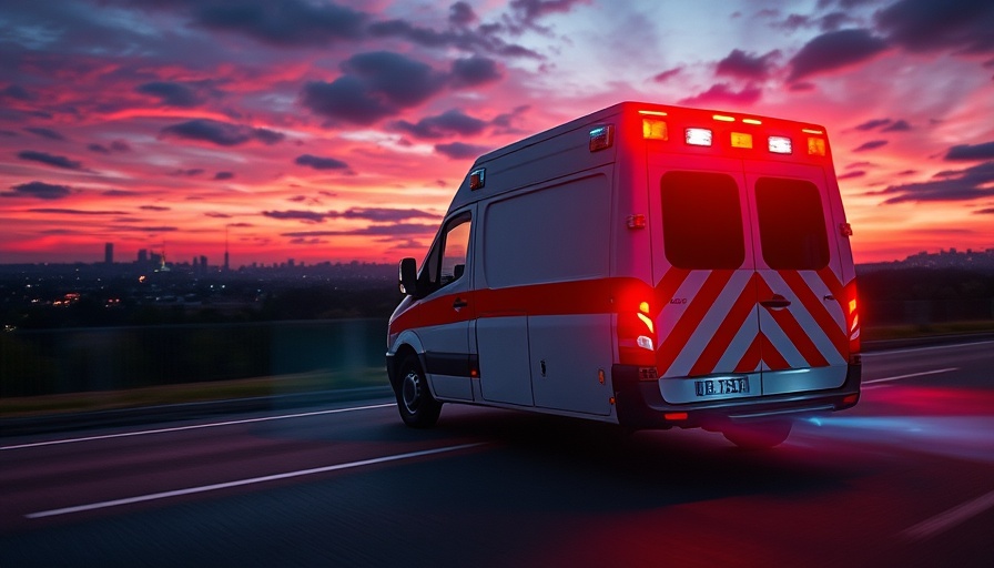Blurred ambulance speeding at dusk highlighting urgent medical transport.