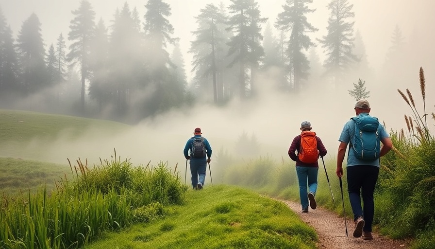Hikers in a misty landscape on the Camino de Santiago, embracing mindfulness.