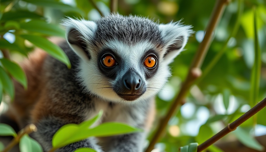 Close-up of lemur on tree, lush green background.