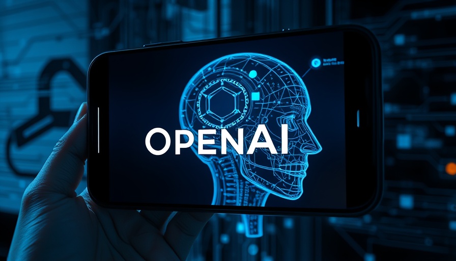 OpenAI logo on phone screen with digital wireframe head.