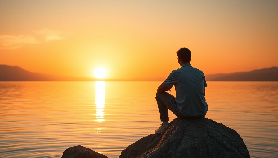 Peaceful scene of person reflecting by the lake at sunset.