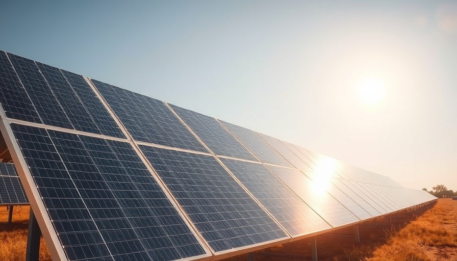 Expansive solar panels absorbing sunlight in a clear, open field.
