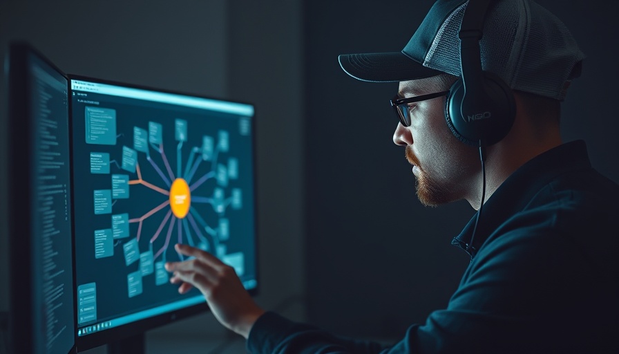 Focused man using Free AI Tool for Productivity in a dark room.