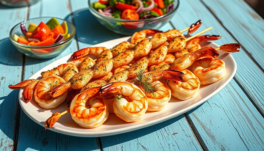 Grilled shrimp skewers on a plate with colorful salad nearby.