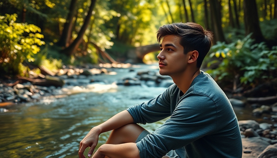 Serene young man by a stream in a lush forest, embracing the flow of life.