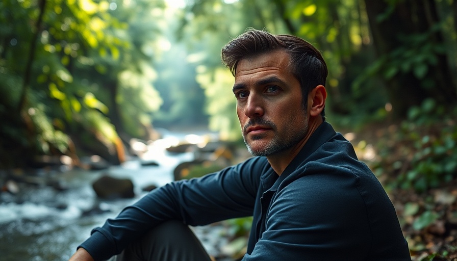 A meditative scene of a man by a forest stream, embodying stop forcing life flows.