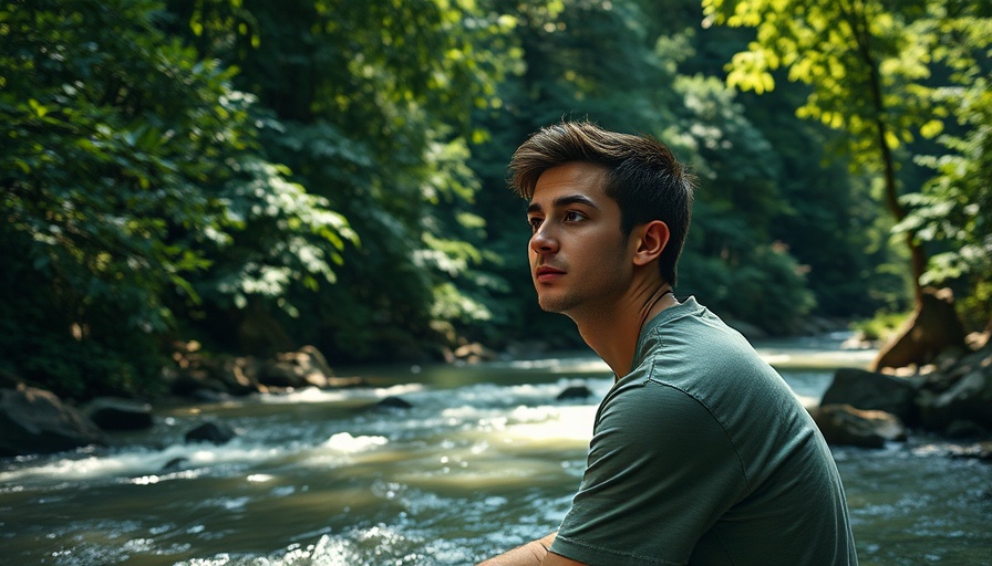 Contemplative man by river in forest, embracing tranquility.