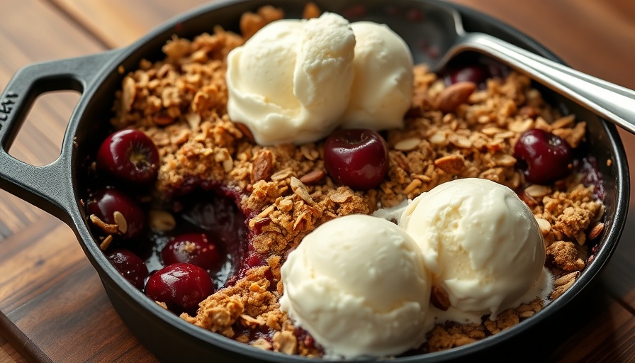 Delicious cherry crisp with vanilla ice cream on a skillet.