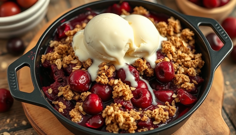 Fresh Cherry Crisp with Almond Oatmeal Crumble in skillet.