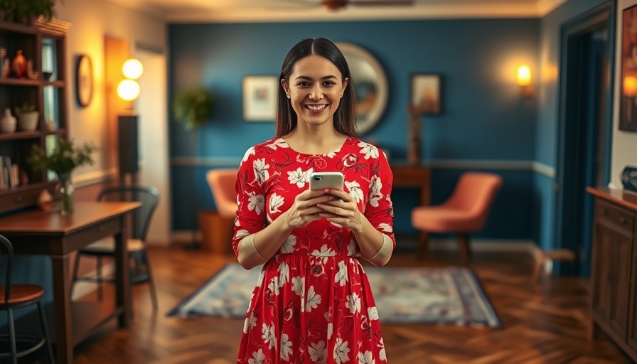 Woman in floral dress taking selfie in stylish room focusing on fitness trends.