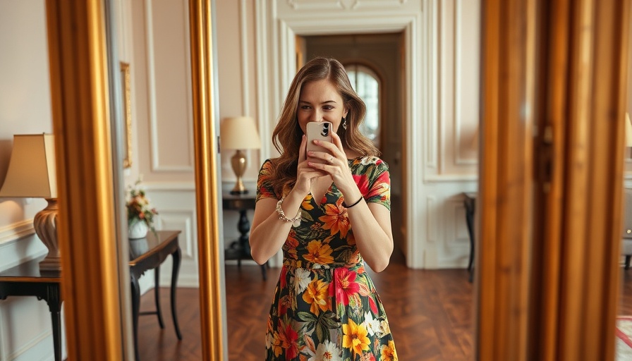 Smiling woman in floral dress captures a mirror selfie; best fitness finds setting.