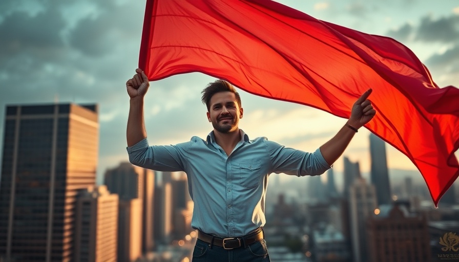 Confident man with red flag in urban skyline for hiring an SEO.
