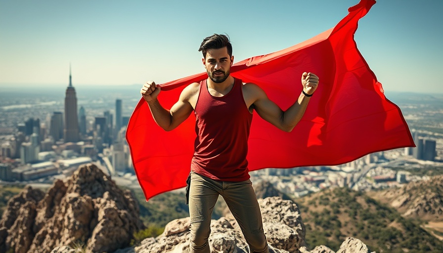 Person holding red flag on mountain, city backdrop, hiring SEO expert.