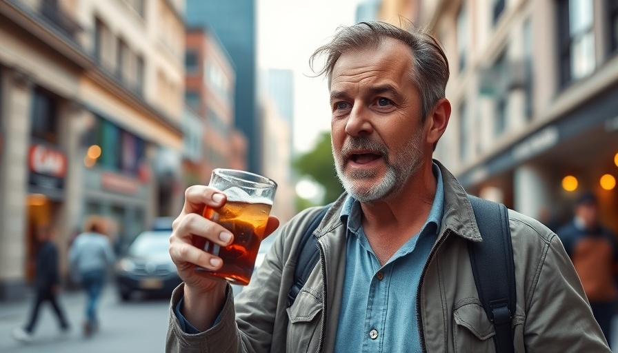 Middle-aged man animatedly holding a drink in urban setting.