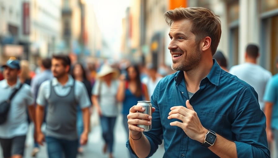 Energetic man in blue talking on city street
