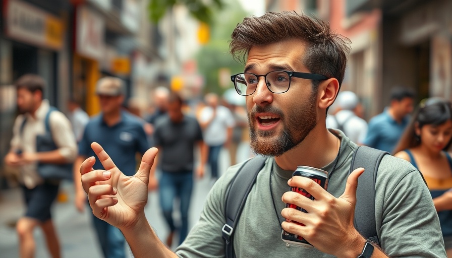 Man explaining enthusiastically on city street, vibrant scene.