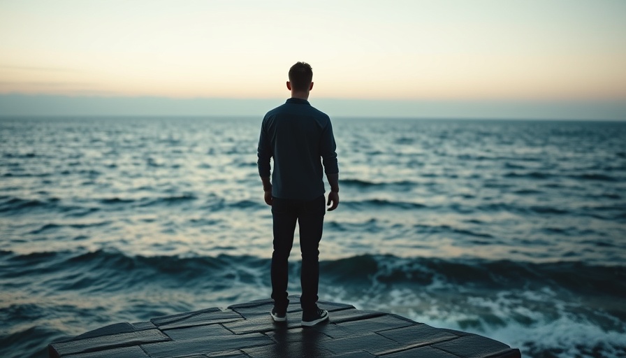 Solitary person on pier facing ocean at dawn, reflecting on life.