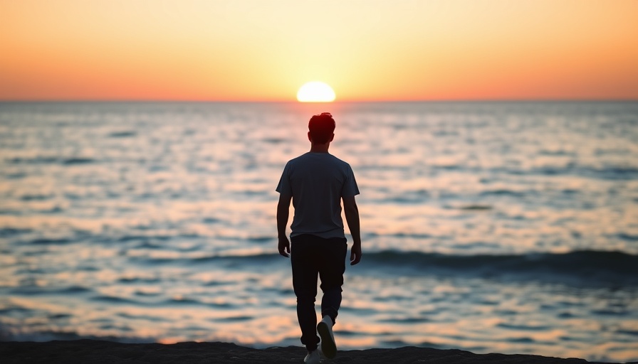 Person walking on pier towards ocean, sunset, introspective mood.