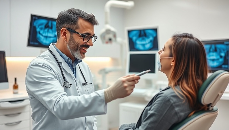 Dentist explaining dental X-ray safety to patient in modern clinic.