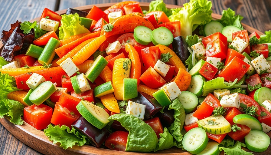 Assorted colorful summer salads on a rustic table.