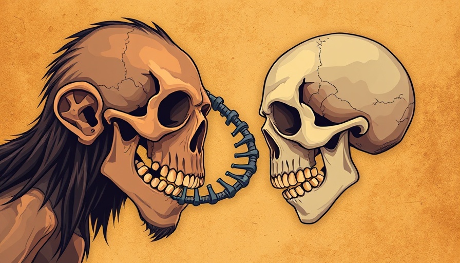 Neanderthal and human skulls with DNA illustration, Ancient interbreeding concept