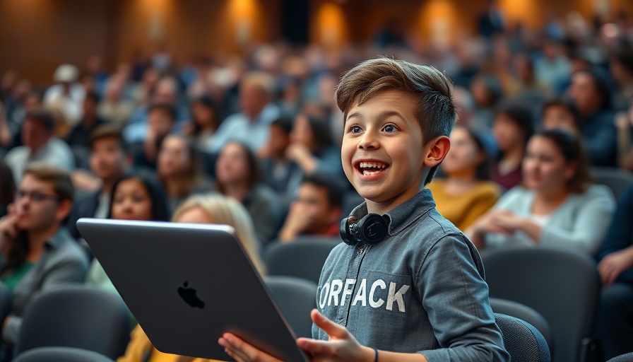 Energetic boy in AI startup event, holding laptop.