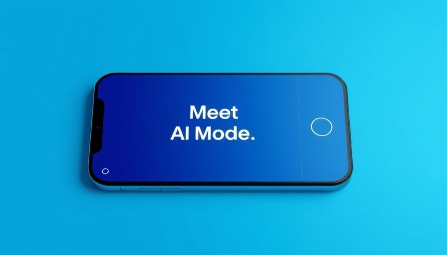 Smartphone showcasing Google AI Mode interface on blue background.