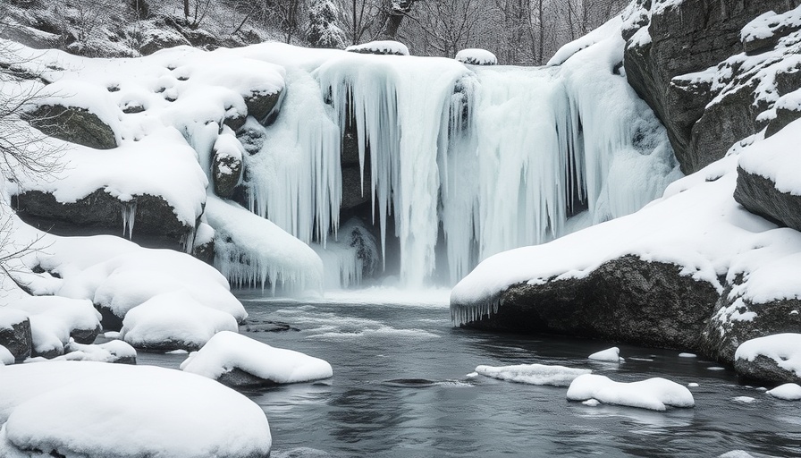 Serene frozen waterfall amid icy rocks, mindful connection with nature scene.