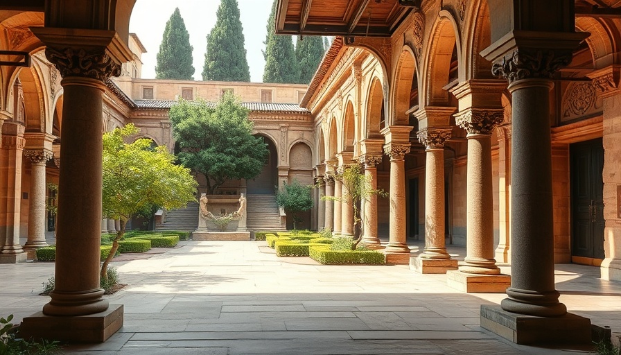 Majestic courtyard in Sevilla with stone columns and greenery.