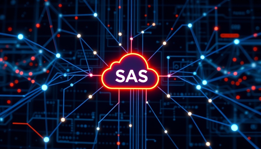 Futuristic SaaS security network with cloud icon and nodes.
