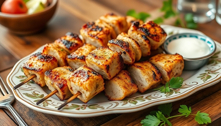 Chicken souvlaki skewers on plate with yogurt sauce.