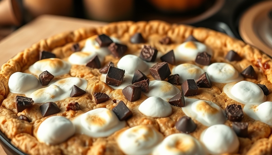 Delicious s’mores peanut butter cookie skillet with marshmallows.