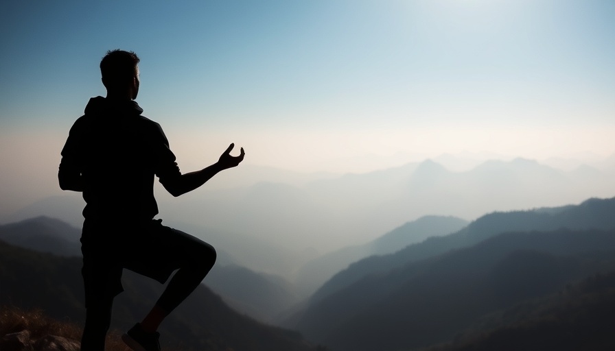 Silhouetted figure overcoming negative thought patterns, serene mountain view.