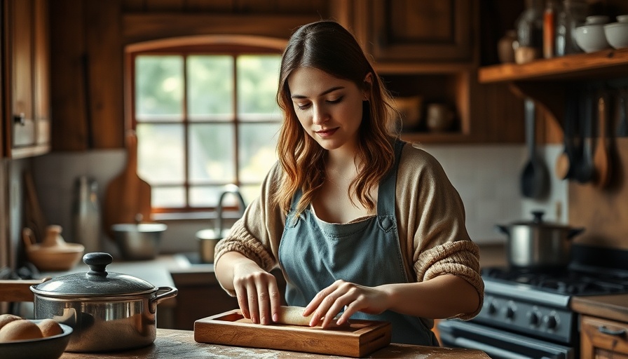 Woman rolling dough in rustic kitchen, ideal for useful kitchen gifts.