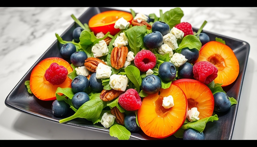 Colorful apricot berry arugula salad on a black plate.