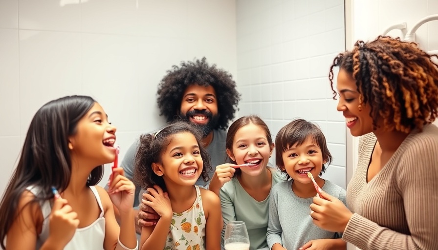 Happy family brushing teeth, avoiding bad habits harming your teeth.