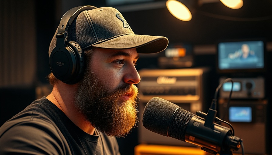 Man speaking in dim radio studio with headphones and microphone.