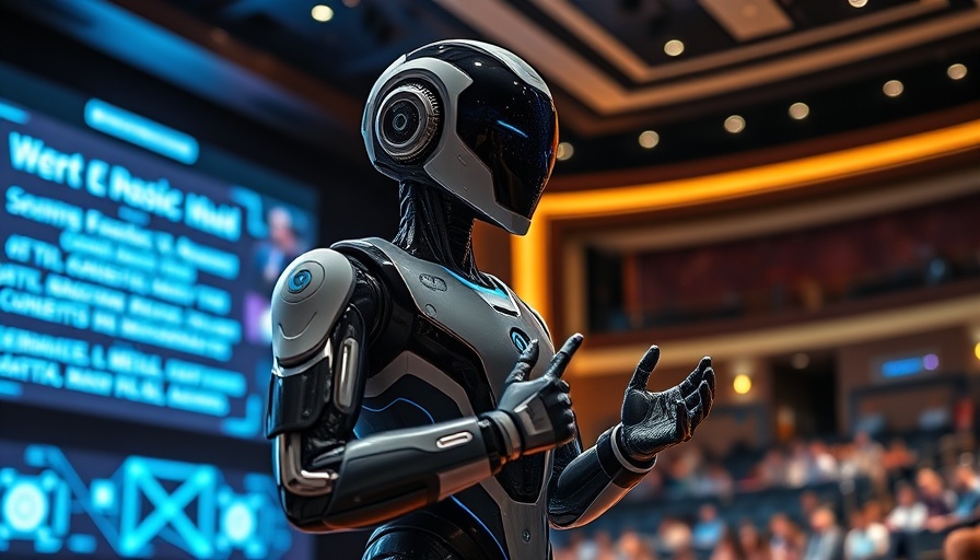 Futuristic humanoid at tech presentation illustrating ChatGPT Agent capabilities.