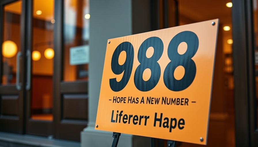 988 Lifeline sign offering hope with new number outside building.
