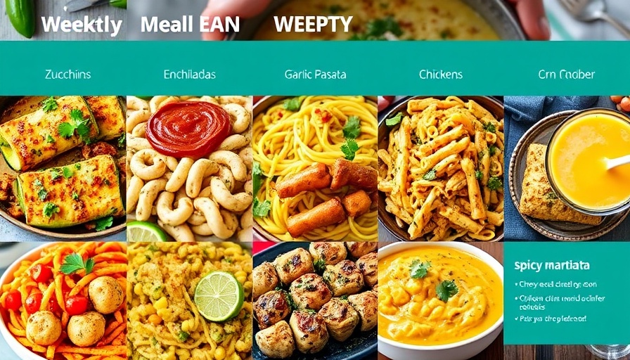 Colorful weekly meal plan featuring zucchini enchiladas, garlic pasta, cilantro lime chicken, chicken kabobs, corn chowder, and spicy margarita.